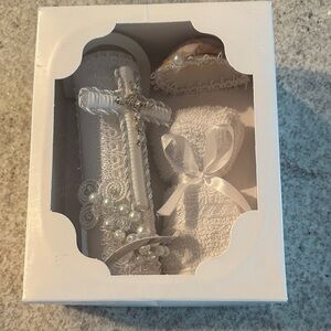 White Lace Cross and Candle Set for baptism